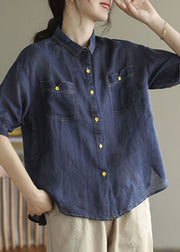 Navy Patchwork Linen Shirt Peter Pan Collar Half Sleeve