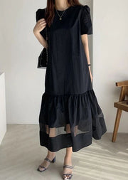Navy Patchwork Tulle Cotton Holiday Pleated Dress Hollow Out Summer