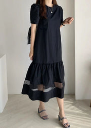 Navy Patchwork Tulle Cotton Holiday Pleated Dress Hollow Out Summer