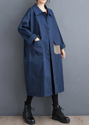 Navy Pockets Button Cotton Trench Peter Pan Collar Fall
