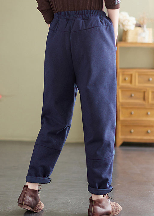 Navy Pockets Patchwork Fine Cotton Filled Pants Elastic Waist Winter