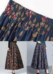 Navy Pockets Patchwork Loose Cotton Skirt Elastic Waist