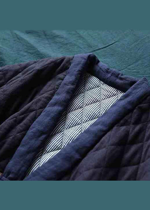 Navy Pockets Print Fine Cotton Filled Witner Coat V Neck Winter