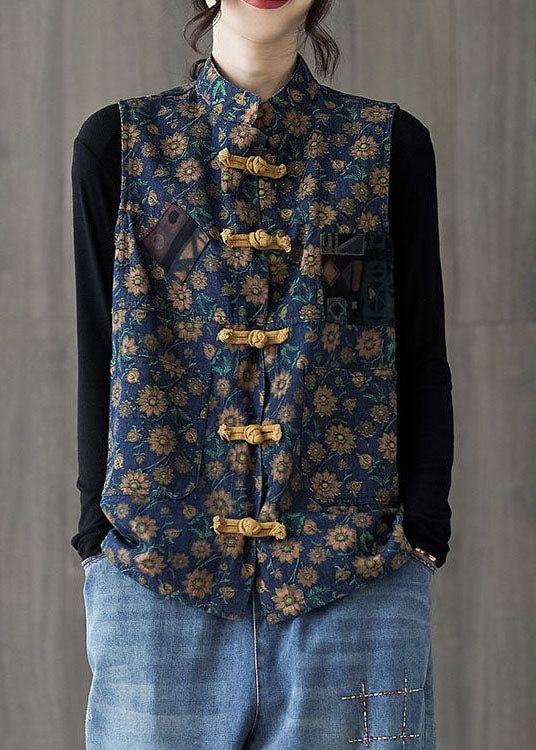 Navy Print Cotton Vest Tops Stand Collar Oriental Button Sleeveless
