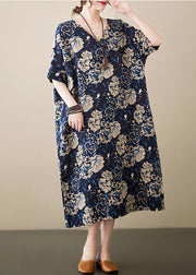 Navy Print Linen Robe Dresses V Neck Oversized Summer