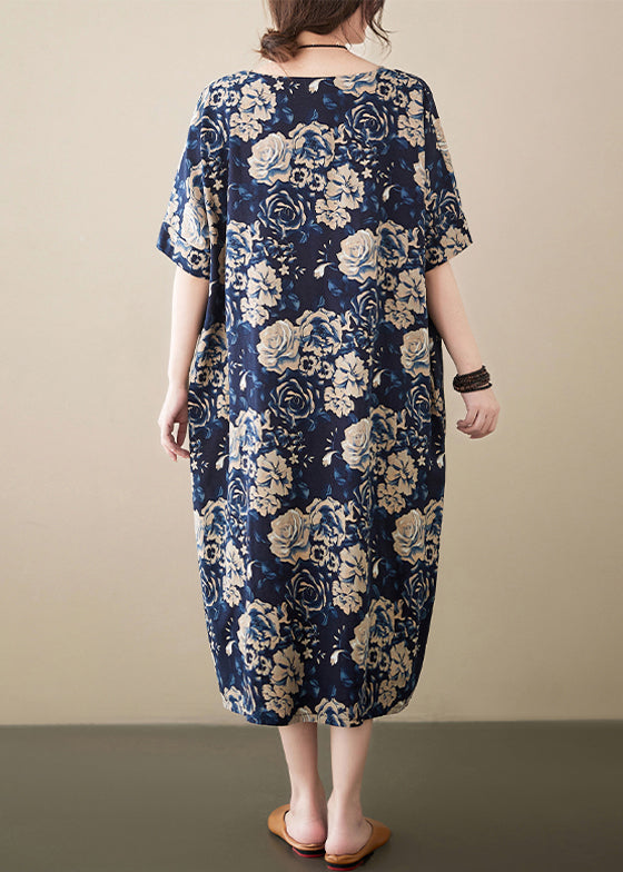 Navy Print Linen Robe Dresses V Neck Oversized Summer