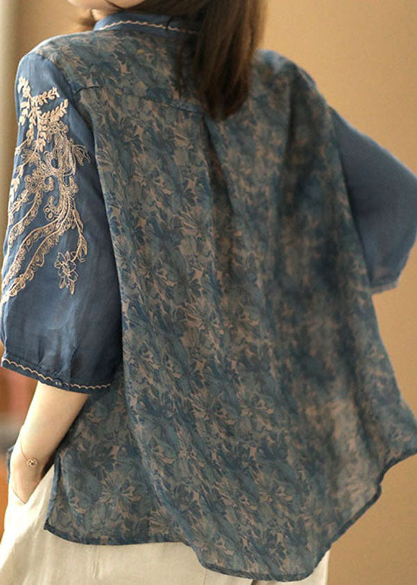 Navy Print Linen Shirts Turn-down Collar Embroidered Half Sleeve