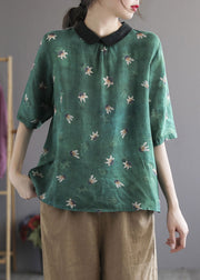 Navy Print Patchwork Cotton Shirts Peter Pan Collar Wrinkled Summer