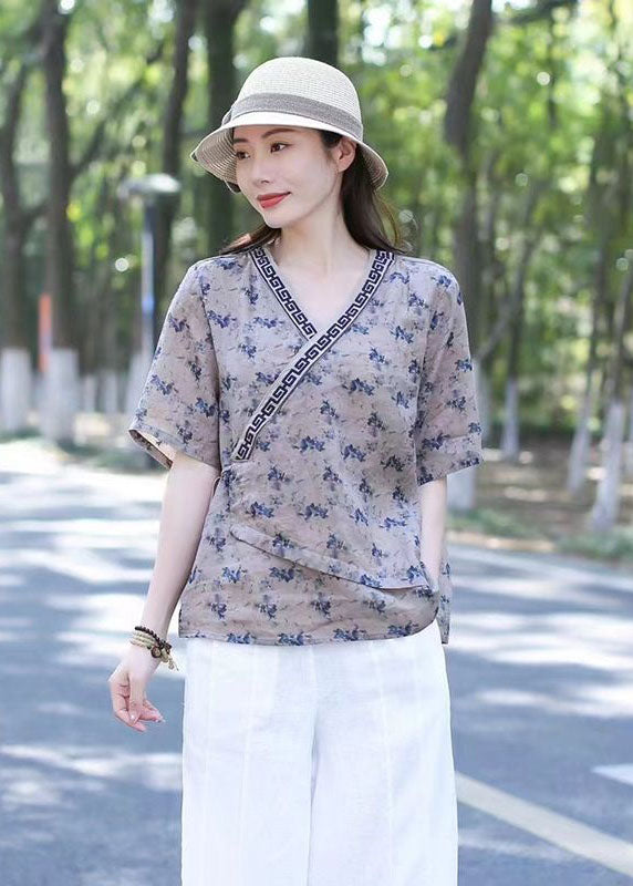 Navy Print Patchwork Linen Blouse Top V Neck Lace Up Summer