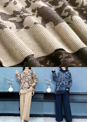 Navy Print Patchwork Woolen Two Piece Suit Set Asymmetrical Fall