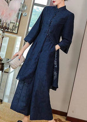 Navy Silk Two Pieces Set Embroidered Stand Collar Button Fall