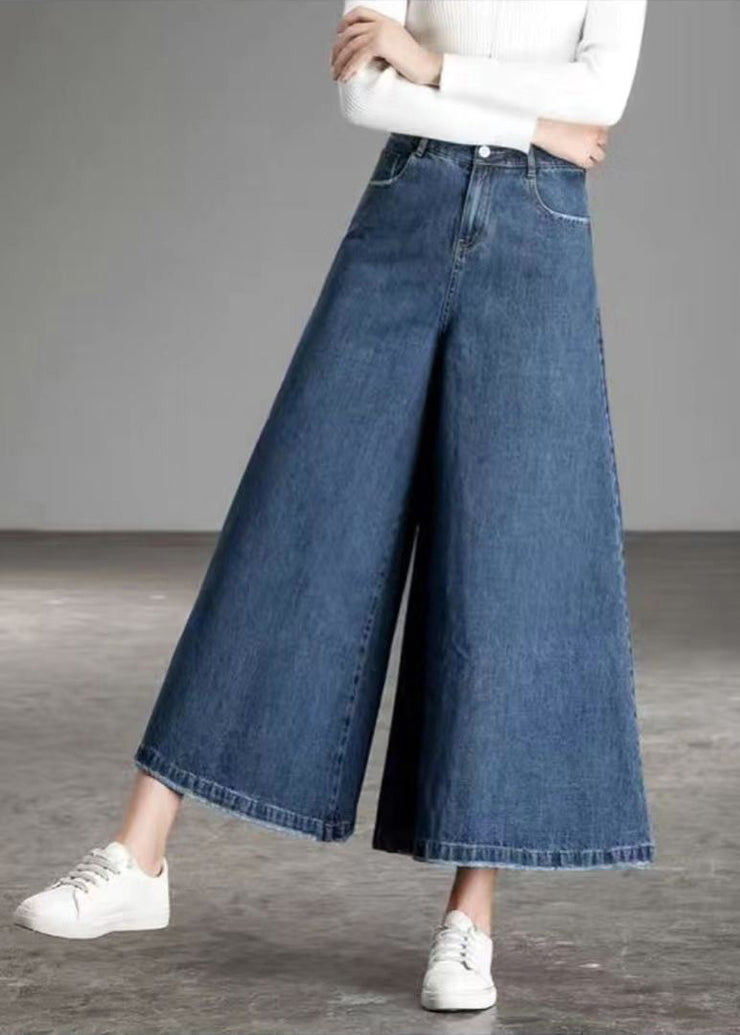 Navy Solid Pockets Cotton Flare Pants Skirt High Waist Draping Summer