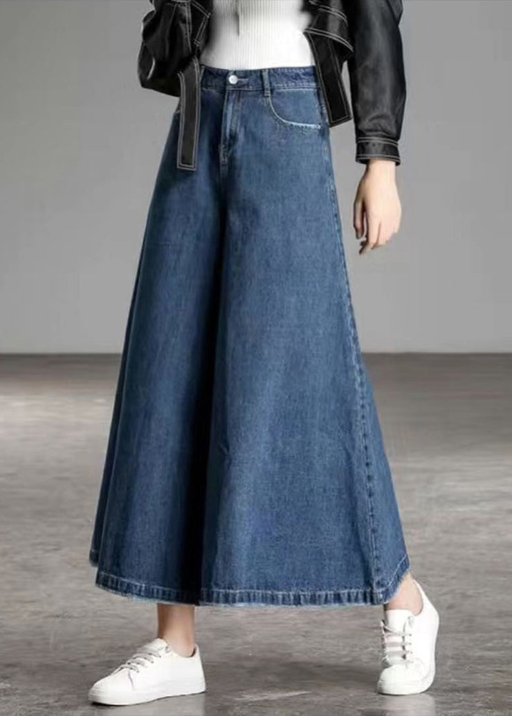 Navy Solid Pockets Cotton Flare Pants Skirt High Waist Draping Summer