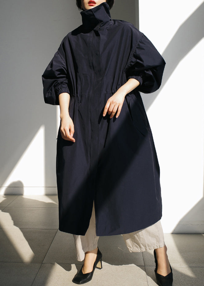 Navy Stand Collar Zippered Trench Coats Long Sleeve
