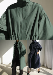 Navy Stand Collar Zippered Trench Coats Long Sleeve
