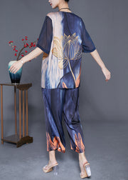 Navy Tie Dye Silk Two Piece Set Outfits O-Neck Oversized Summer