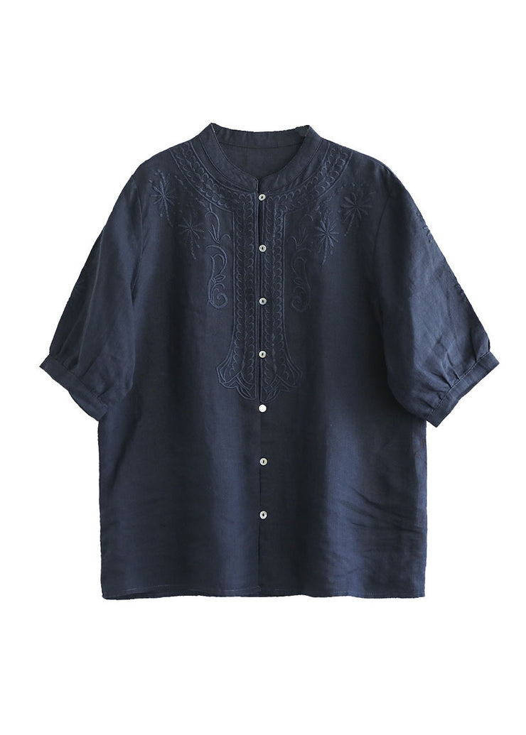 Navy 2022 Cotton Shirts Stand Collar Embroidered Half Sleeve