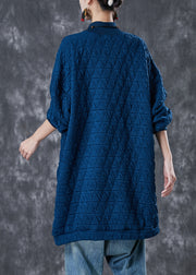 Navy Warm Fine Cotton Filled Sweatshirt Dress High Neck Pockets Winter