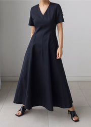 Navy Wrinkled Zippered Cotton Long Dresses Short Sleeve