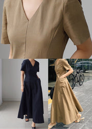 Navy Wrinkled Zippered Cotton Long Dresses Short Sleeve