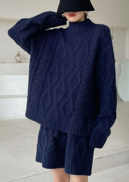 Navy cozy Casual Knit Two Pieces Set Winter