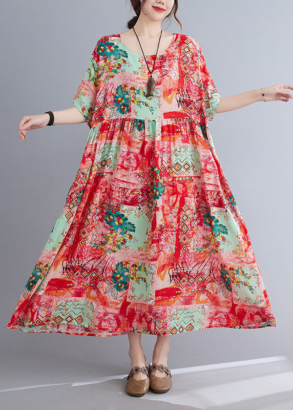Neck Floral Loose Bohemian Casual Summer Dress For Women