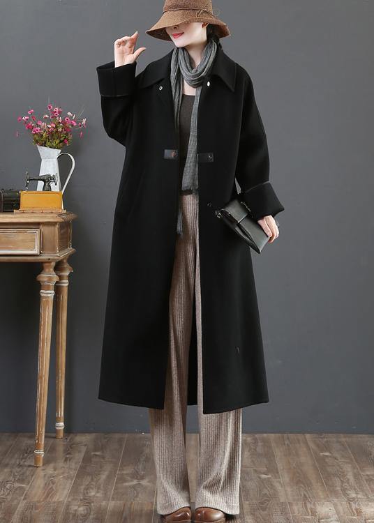 New  Loose fitting long coat winter coats black lapel pockets woolen coats - SooLinen