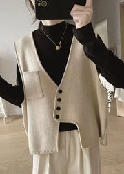New Apricot Asymmetrical Button Patchwork Cotton Knit Waistcoat Sleeveless