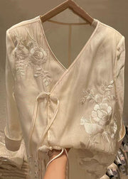 New Apricot Embroidered Chinese Button Silk Cotton Blouses Spring