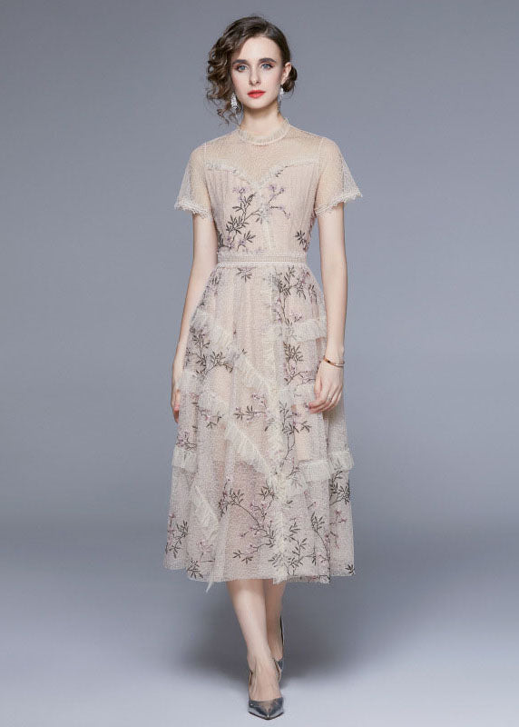New Apricot Embroidered Ruffled Patchwork Tulle Dress Summer