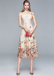 New Apricot O-Neck Embroidered Patchwork Tulle Long Dress Summer