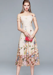 New Apricot O-Neck Embroidered Patchwork Tulle Long Dress Summer