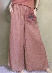 New Apricot Print Pockets Linen Wide Leg Pants Spring