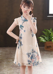 New Apricot Ruffled Print Chinese Button Patchwork Chiffon Baby Girls Dresses Summer