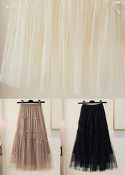 New Apricot Solid Elastic Waist Tulle Pleated Skirt