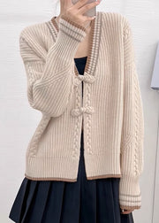 New Apricot V Neck Button Patchwork Knit Sweater Coats Long Sleeve