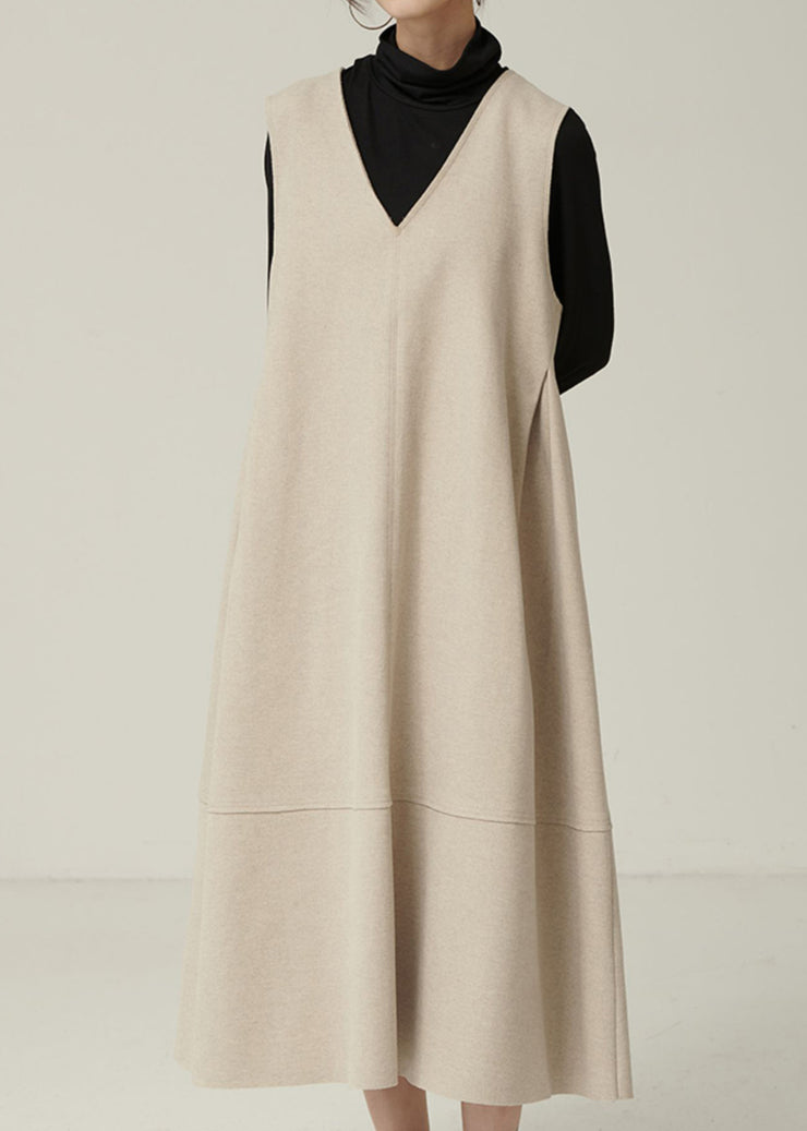 New Apricot V Neck Patchwork Woolen Waistcoat Long Dresses Sleeveless