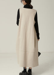 New Apricot V Neck Patchwork Woolen Waistcoat Long Dresses Sleeveless