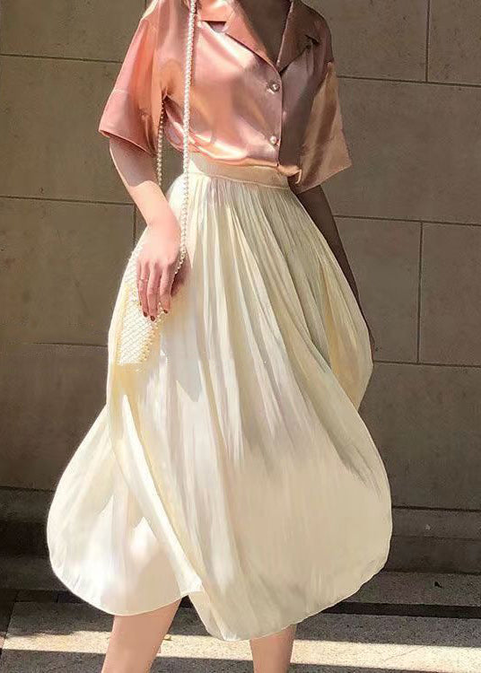 New Apricot Wrinkled Elastic Waist Silk Skirt Summer