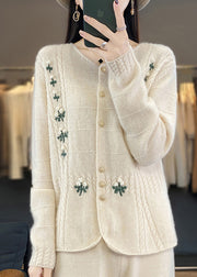 New Beige Embroidered Button Patchwork Cashmere Knit Coats Fall
