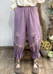 New Beige Embroideried Lace Patchwork Cotton Crop Pants Spring