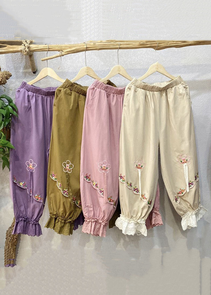 New Beige Embroideried Lace Patchwork Cotton Crop Pants Spring