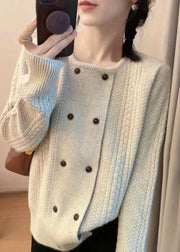 New Beige O Neck Double Breast Cotton Knit Top Fall