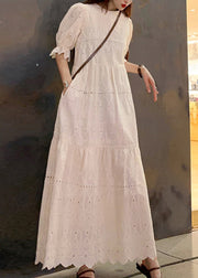 New Beige O Neck Hollow Out Patchwork Cotton Long Dress Summer