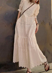 New Beige O Neck Hollow Out Patchwork Cotton Long Dress Summer