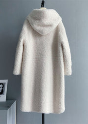 New Beige Ox Horn Button Pocket Hooded Wool Coat Winter