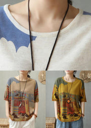 New Beige Print Patchwork Cozy Cotton Knit T Shirt Summer