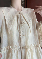 New Beige Ruffled Embroideried Lace Up Cotton Two-Piece Set Spring