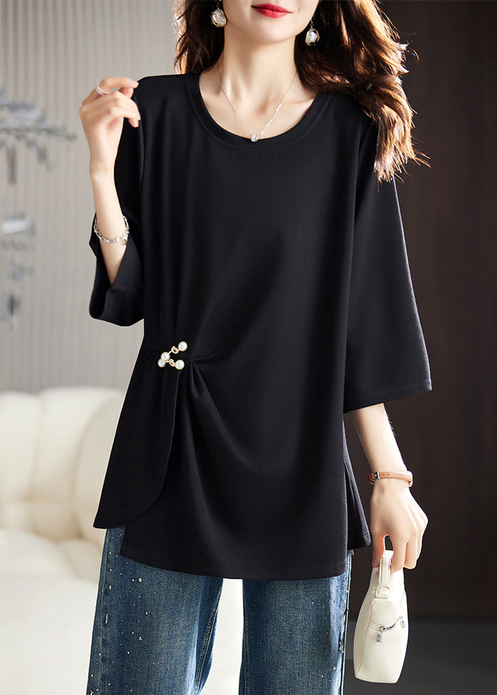 New Black Asymmetrical Wrinkled Cotton T Shirts Bracelet Sleeve