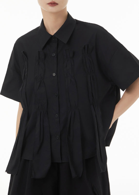 New Black Asymmetrical Wrinkled Patchwork Cotton Shirts Summer